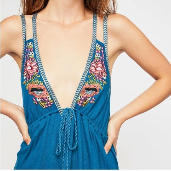 Free People Lovers Cove Embroidered Turquoise Mini Dress Large - Picture 6 of 16